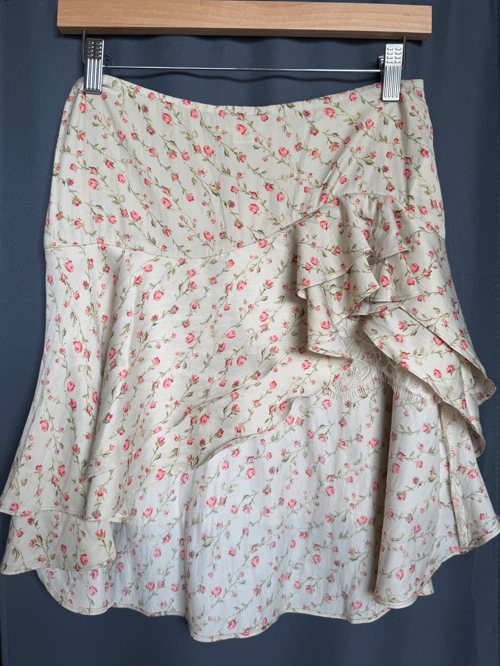 Kimchi Blue Cream Asymmetrical Ruffle Skirt with Pink Rose Print and Lace Detail